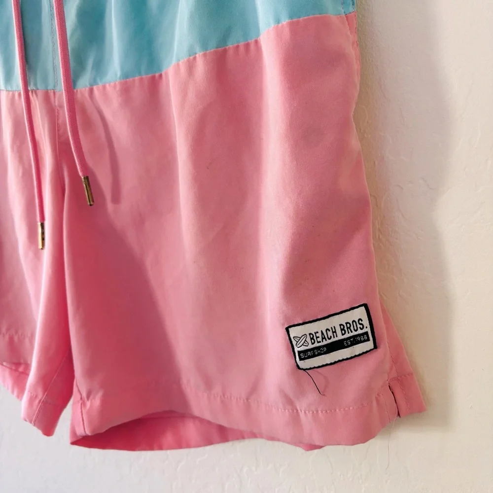 Beach Bros‎ Pink Blue Surf Shop Swim Shorts Size Medium Colorblock Lined
